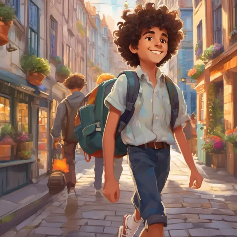 A 12-year-old boy of Spanish descent born in London, energetic and whimsical, with curly hair and a lively smile walking with a colorful backpack, a whimsical path stretching before him, while city buildings glitter in the sunlight.