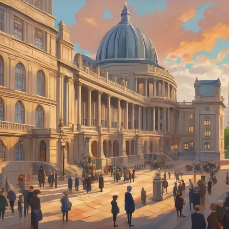 A scene of the famous UK Parliament building with officials in discussion, showing diversity and engagement.