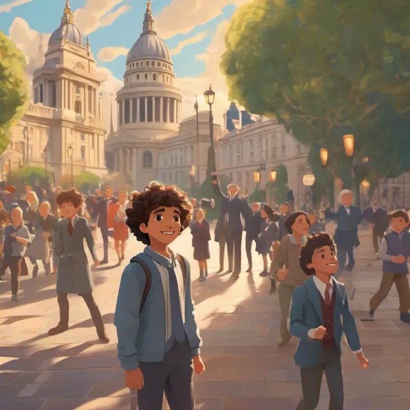 A 12-year-old boy of Spanish descent born in London, energetic and whimsical, with curly hair and a lively smile enthusiastically singing to attentive politicians with towering London statues casting shadows over the scene.