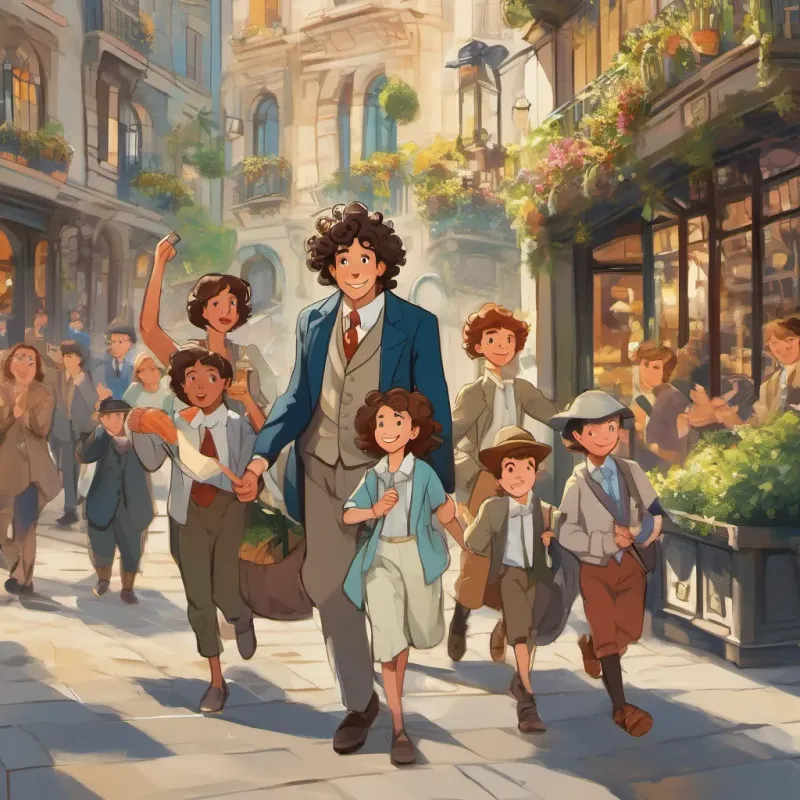 Bankers looking with a mix of confusion and delight at A 12-year-old boy of Spanish descent born in London, energetic and whimsical, with curly hair and a lively smile, who is animatedly speaking and gesturing at the entrance of a grand bank.