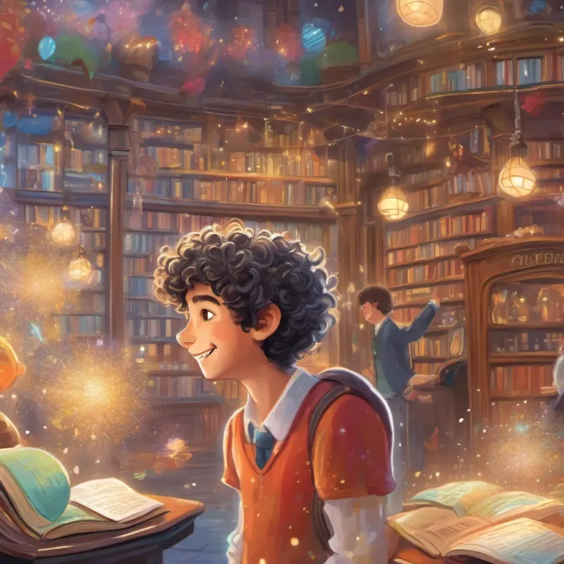 Glittering words surround A 12-year-old boy of Spanish descent born in London, energetic and whimsical, with curly hair and a lively smile as he speaks to intrigued bankers, with sparkling dust creating a whimsical ambiance.