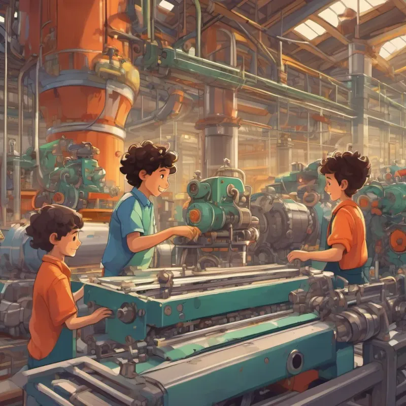 Busy factory with machines buzzing and workers in safety gear, A 12-year-old boy of Spanish descent born in London, energetic and whimsical, with curly hair and a lively smile animatedly engaging with them with hopeful expressions.