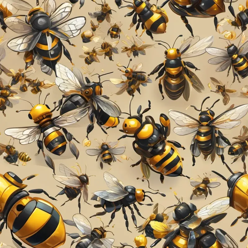 Mechanical bees dancing in rhythm, emphasizing teamwork and collaboration, alongside industrial machines producing goods.