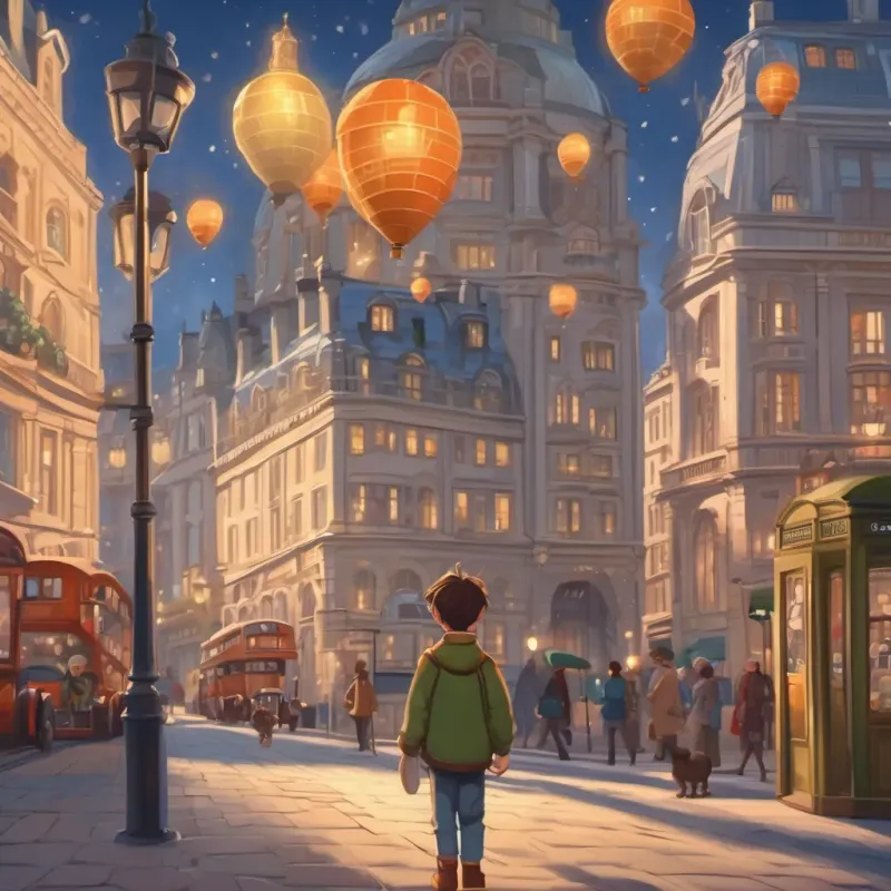 A whimsical boy with twinkling eyes in a busy London street, with distinctive architectural buildings in the background.