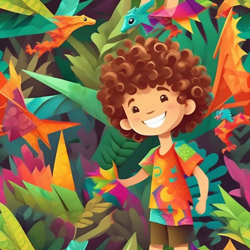 Curly-haired boy with a colorful shirt and big smile. meets a cute baby dragon in the forest.