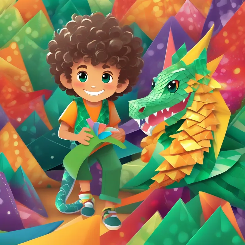 Curly-haired boy with a colorful shirt and big smile. and Baby dragon with silver scales and sparkly emerald eyes. become best buddies and play all day long.