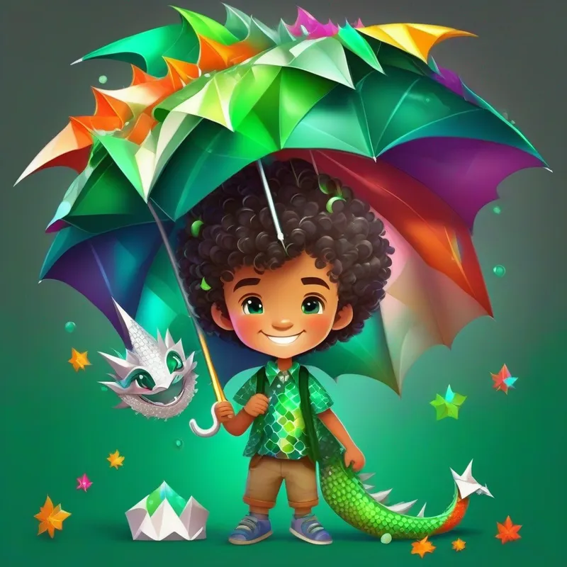 Curly-haired boy with a colorful shirt and big smile. protects Baby dragon with silver scales and sparkly emerald eyes. from the storm with a colorful umbrella.