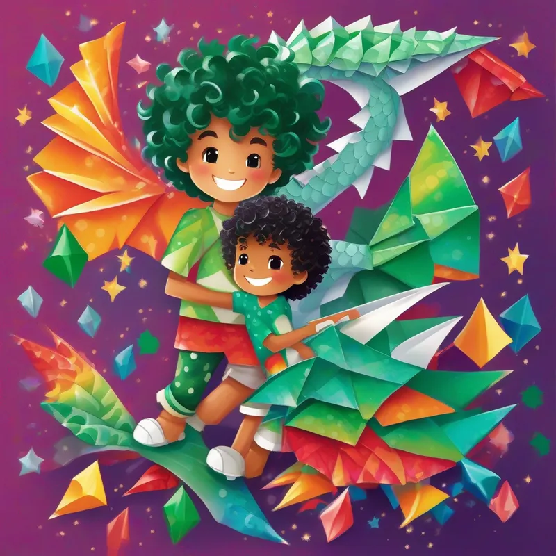 Curly-haired boy with a colorful shirt and big smile. and Baby dragon with silver scales and sparkly emerald eyes. find comfort and joy in each other's company.