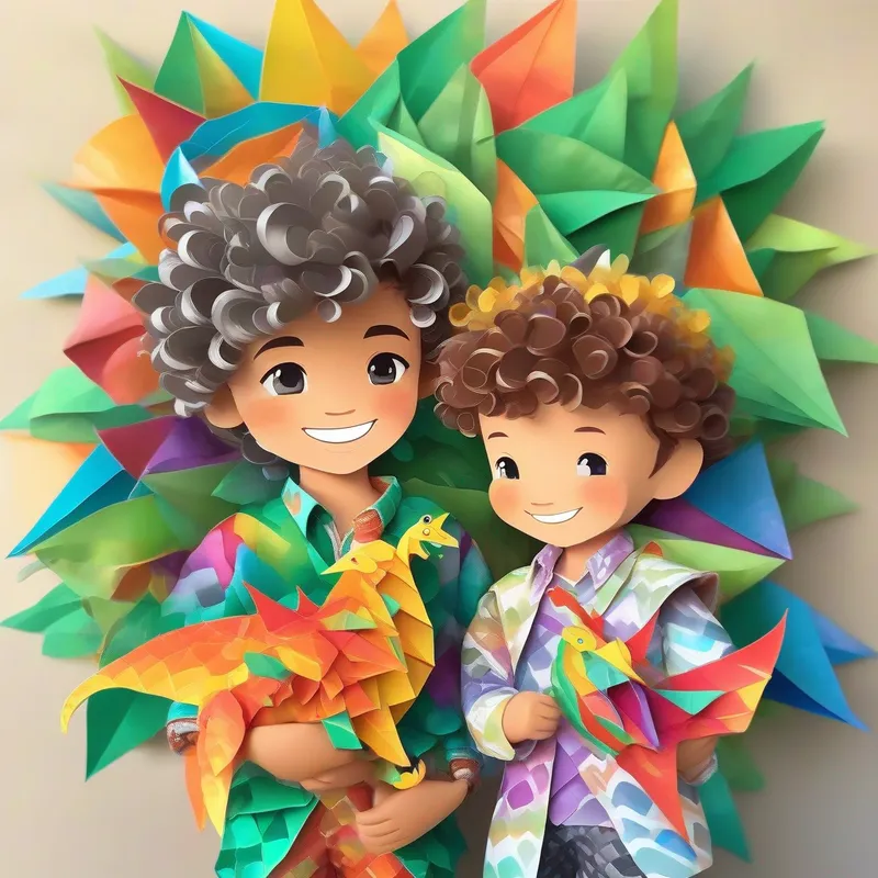 Curly-haired boy with a colorful shirt and big smile. and Baby dragon with silver scales and sparkly emerald eyes. become inseparable and spread joy in the village.