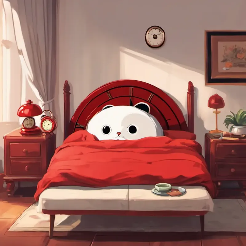 A picture of Lucy is a red alarm clock with a round face and black eyes, a red alarm clock with a round face, sitting on a table next to a bed.