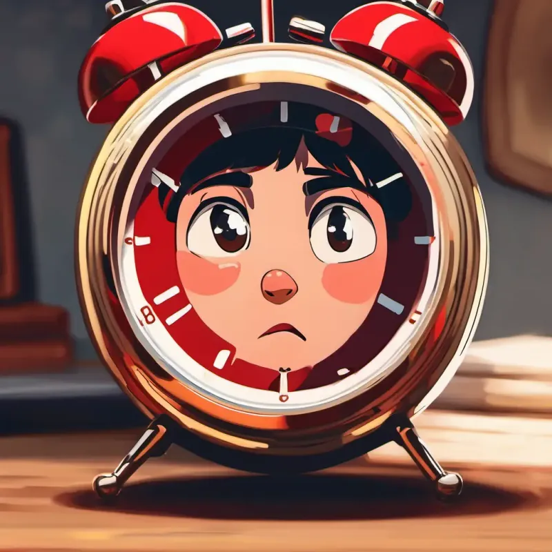 A picture of Lucy is a red alarm clock with a round face and black eyes with a confused expression, looking at her alarm clock with the wrong time set.