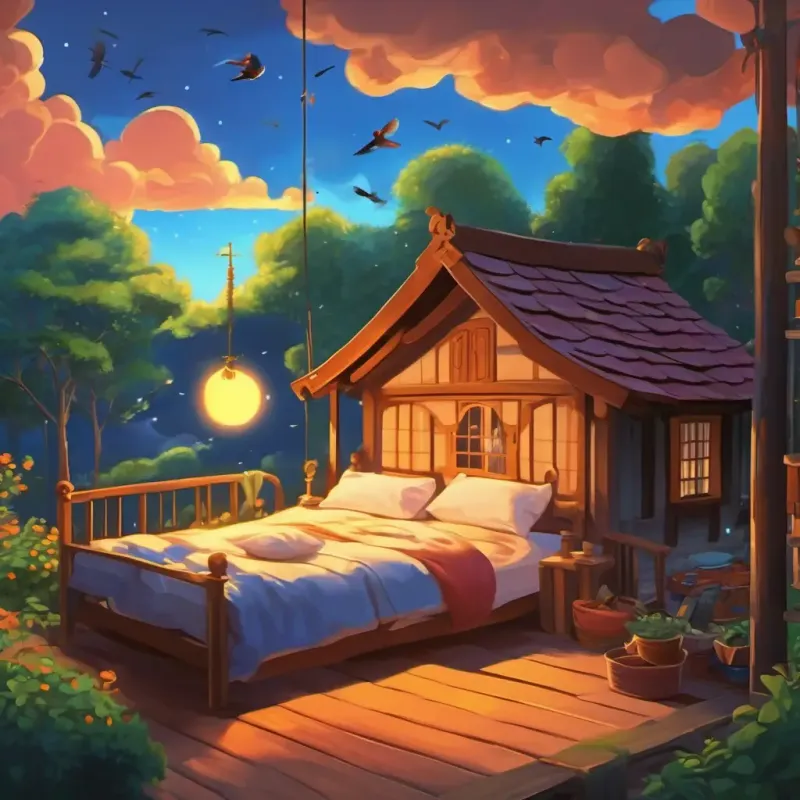 A picture of the sun rising, birds chirping, and the family still sleeping in their beds.