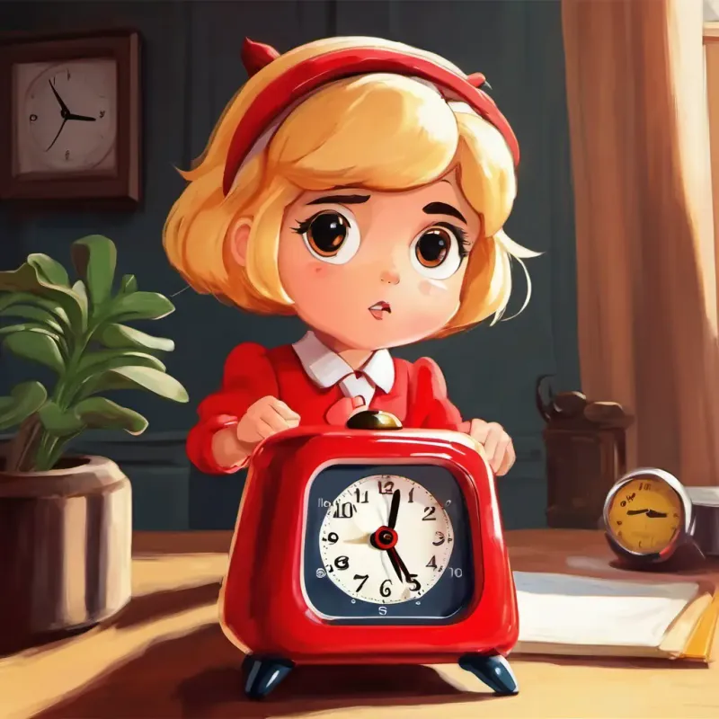 A picture of Lucy is a red alarm clock with a round face and black eyes looking determined, practicing setting her alarm clock correctly.