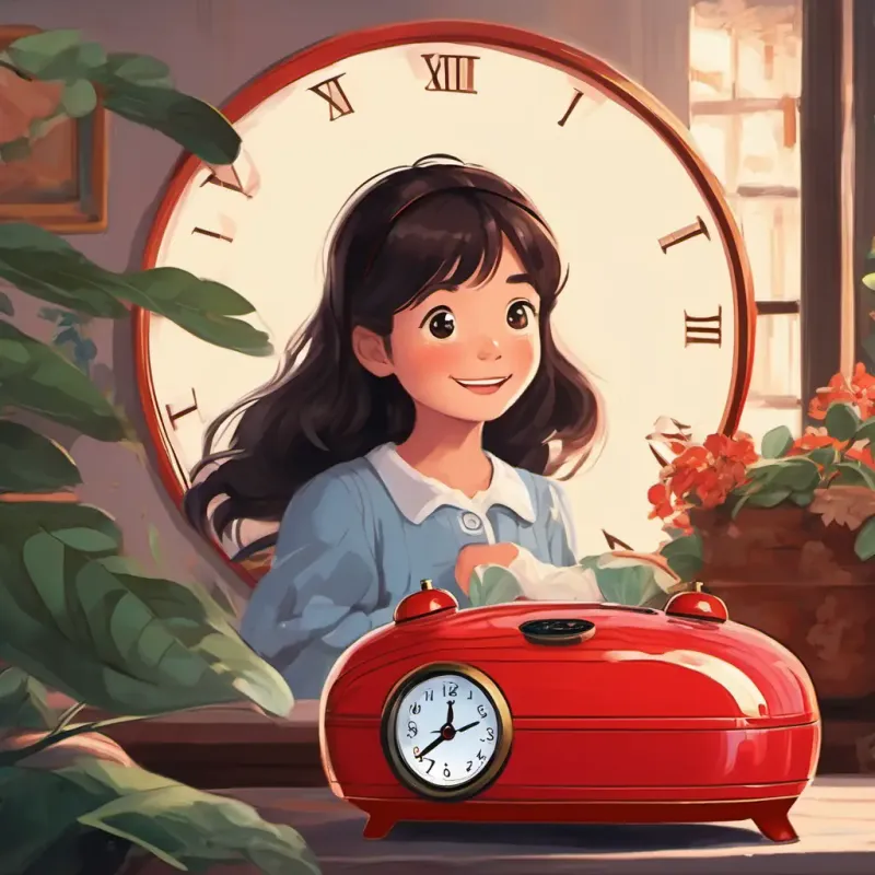 A picture of Lucy is a red alarm clock with a round face and black eyes happily waking up the family, with smiles on their faces.