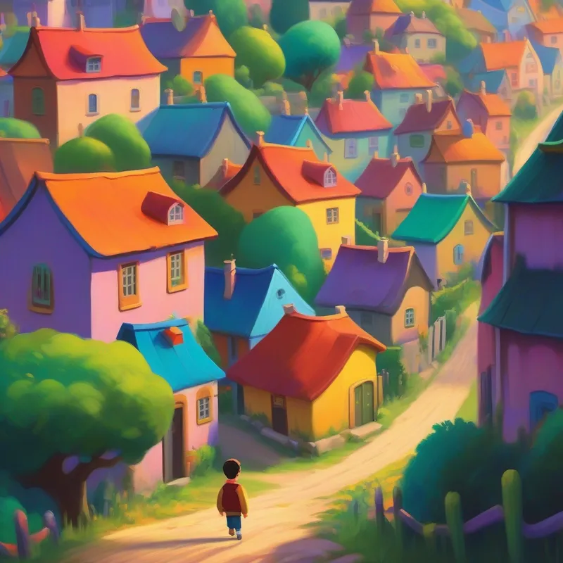 A small village with colorful houses and a determined boy