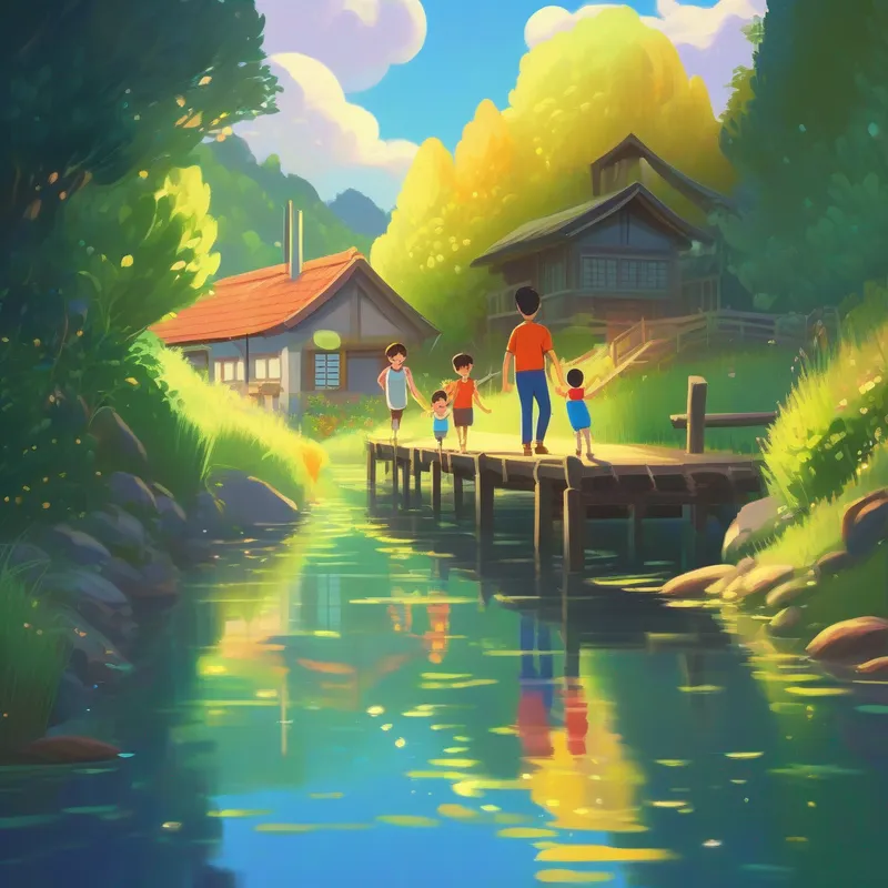 A sparkling river and a joyful family inside their humble home