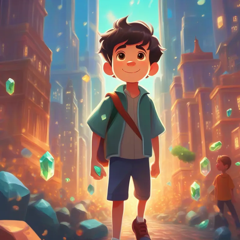 A bustling city with skyscrapers and A resilient boy with sparkling eyes and a determined smile holding the precious stone