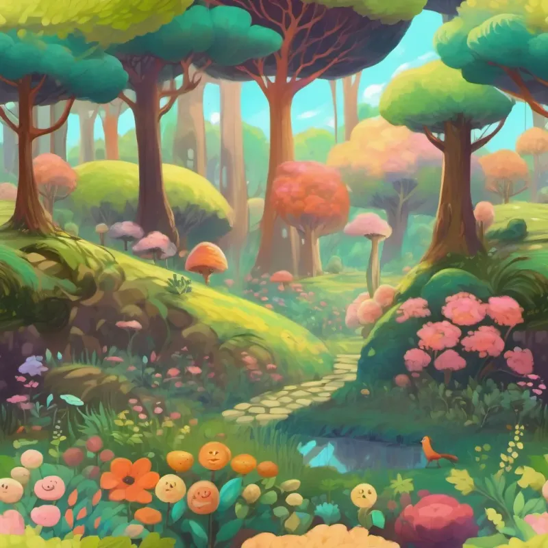 Whimsical forest, talking trees, and flowers with faces