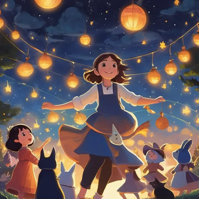 Children and the witch having a dance party under a twinkling night sky
