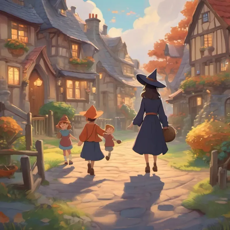 Witch waving goodbye with children, happy houses in the background