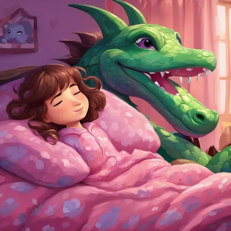 Curious girl with brown hair, wearing pink pajamas in her cozy bed, hearing a soft snoring sound. Tiny dragon with shimmering purple scales and sparkly green eyes the tiny dragon sleeping under Curious girl with brown hair, wearing pink pajamas's bed.