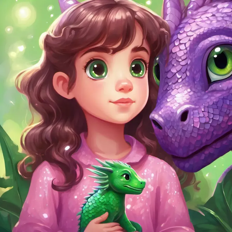Curious girl with brown hair, wearing pink pajamas and Tiny dragon with shimmering purple scales and sparkly green eyes talking with each other. Tiny dragon with shimmering purple scales and sparkly green eyes stretching his tiny wings.