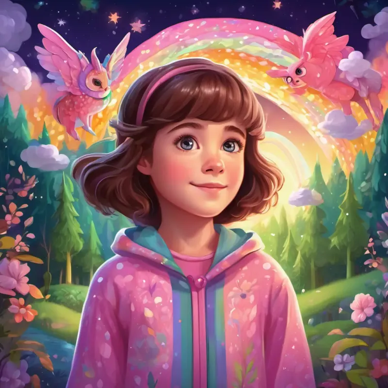 Curious girl with brown hair, wearing pink pajamas and Tiny dragon with shimmering purple scales and sparkly green eyes flying through the night sky. Candy forests and rainbow rivers in the Land of Dreams. Friendly unicorns and wise owls.
