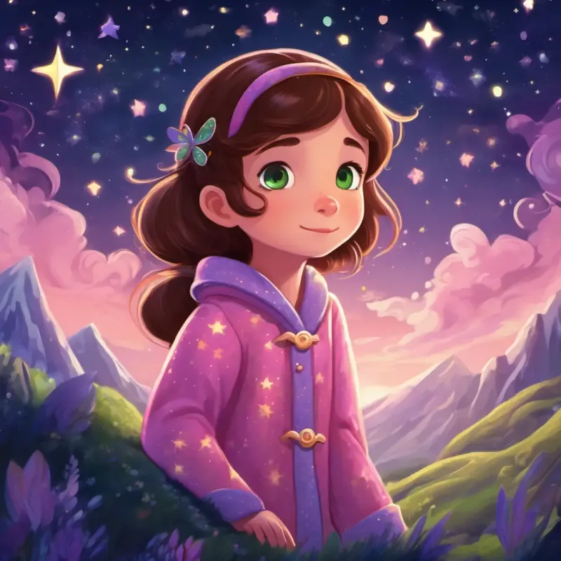 Curious girl with brown hair, wearing pink pajamas and Tiny dragon with shimmering purple scales and sparkly green eyes reaching the Sleepy Mountains. Sleepy stars in the night sky.