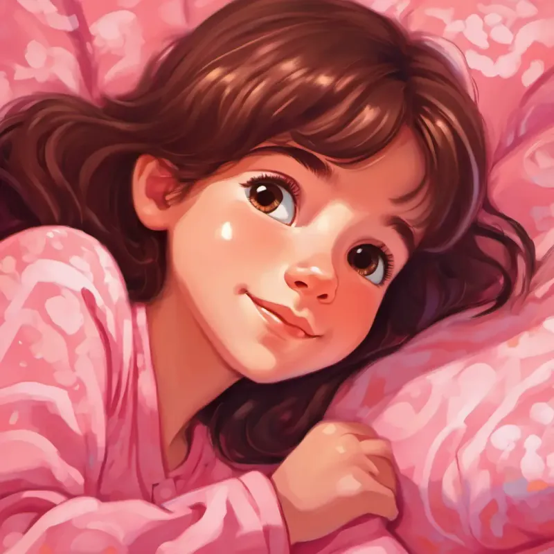 Curious girl with brown hair, wearing pink pajamas feeling a warm glow on her forehead. Curious girl with brown hair, wearing pink pajamas smiling peacefully while sleeping.