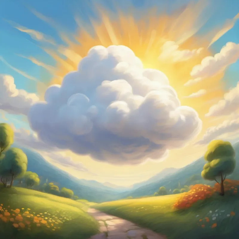 Introducing A small, fluffy, white cloud with big dreams, the eager cloud, in a magical laughing sun and humming wind setting.