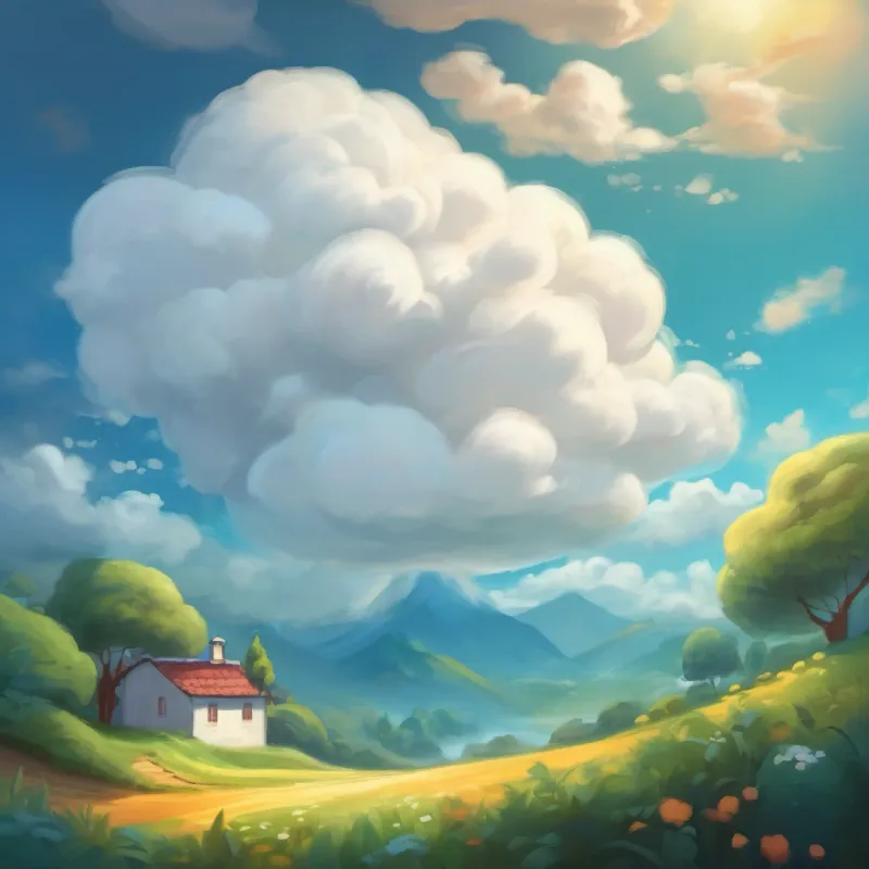 A small, fluffy, white cloud with big dreams's big dream and his problem: he can't make rain yet.