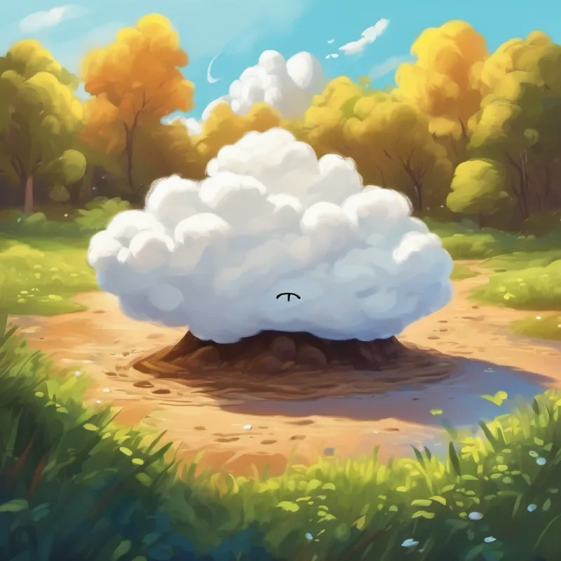 A small, fluffy, white cloud with big dreams tries to make mud on a sunny day without knowing how to rain.