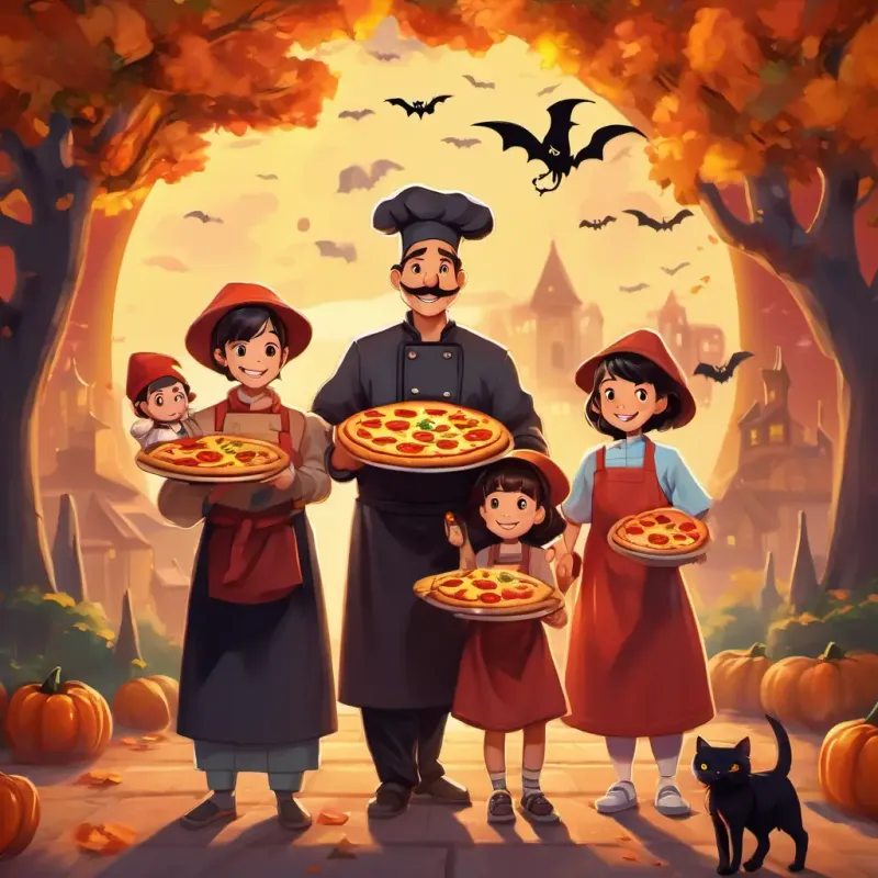 The happy family standing together, thanking the pizza and the smiling chef.