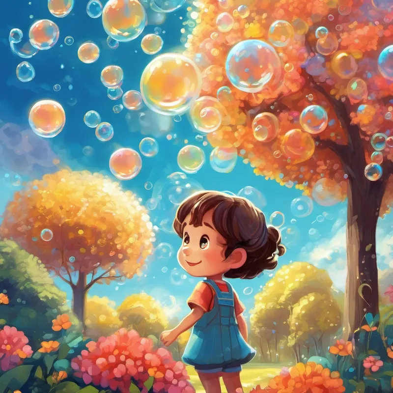 Once upon a time, in a world where reality was made of bubbles, there was a little bubble named Bubbly. Bubbly was a playful and curious bubble who loved to explore the bubble world every day. Bubbly would happily jump and float alongside other bubbles, enjoying the beautiful colors and the shimmering light that danced around them. One sunny day, as the blue sky stretched above and the sweet scent of flowers filled the air, Bubbly noticed something different. It wasn't just other bubbles who filled the sky; there was a small, round shape Bubbly had never seen before. It had tiny hands and feet, twinkling eyes, and the cutest smile. Bubbly was fascinated and decided to get closer for a better look.