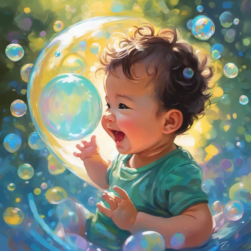 Carefully, Bubbly floated towards the mysterious shape, which turned out to be a lovely baby. The baby giggled as Bubbly cautiously approached. It was the most beautiful sound Bubbly had ever heard. Mesmerized by the baby's laughter, Bubbly circled around the baby, creating a little bubble dance in excitement. The baby's eyes filled with wonder, as it watched the little bubble twirl and dive in front of it. Bubbly was thrilled to bring a smile to the baby's face, so Bubbly continued to dance and play. The baby reached out its tiny hands, trying to touch the shimmering bubble, and giggled even more when Bubbly tickled its fingers.