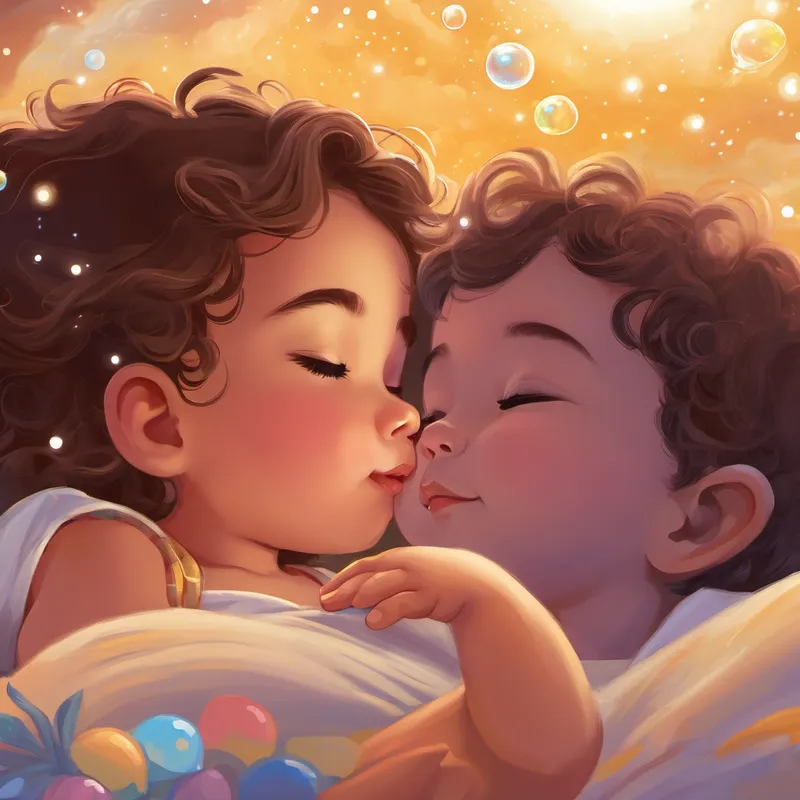 But as the sun started to set and the stars began to twinkle, it was time to say goodnight. Bubbly gently floated towards the baby's tiny hand and gave it a final bubble kiss. The baby's eyelids grew heavy, and with Bubbly's magical touch, it soon fell fast asleep, dreaming of their bubble adventures. Bubbly softly whispered, "Goodnight, my dear friend. I will always be here, ready to play and bring joy to your world." With a last twinkle, Bubbly floated away, promising to return with more adventures and laughter the next day.