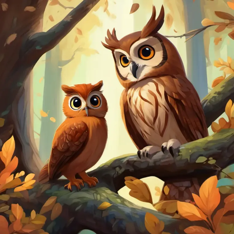 The story page shows the magical forest with a tall tree and wise owl, brown feathers, big round eyes the owl perched on top. curious squirrel, reddish-brown fur, bushy tail the squirrel is standing next to the tree, looking up at wise owl, brown feathers, big round eyes.