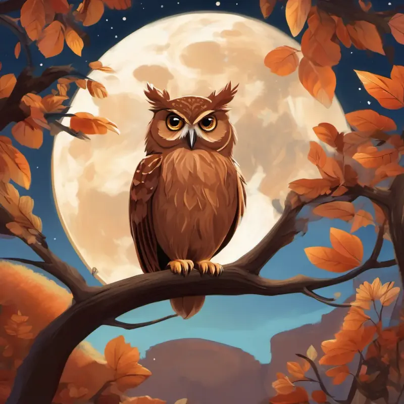 The story page shows wise owl, brown feathers, big round eyes perched on a branch, with curious squirrel, reddish-brown fur, bushy tail standing on another branch next to him. The moon and the Earth are depicted in the sky, with the moon showing different shapes.