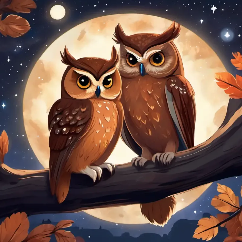 The story page shows wise owl, brown feathers, big round eyes and curious squirrel, reddish-brown fur, bushy tail sitting on a branch together, looking up at the starry night sky. There are multiple stars and galaxies depicted.