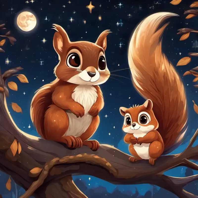 The story page shows curious squirrel, reddish-brown fur, bushy tail curled up next to wise owl, brown feathers, big round eyes, both of them resting on a branch. The night sky is filled with stars and the moon.