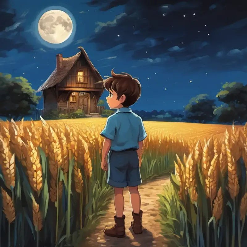 Charlie is a young boy with brown hair and blue eyes standing outside his small house, looking at the cornfield with curiosity. The moon is shining brightly in the night sky.