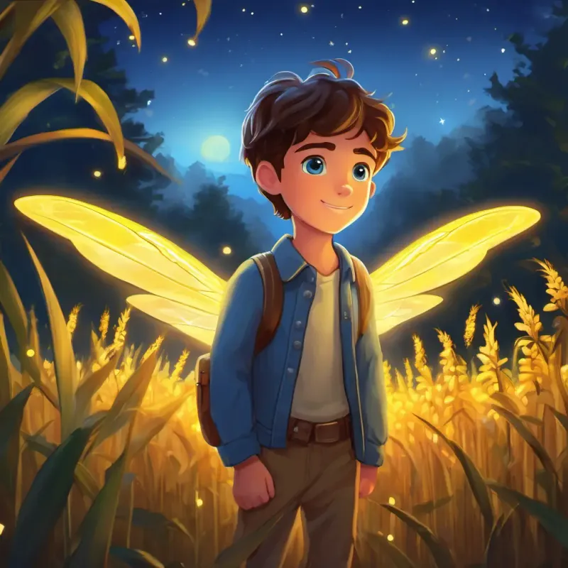 Charlie is a young boy with brown hair and blue eyes and Sparky is a firefly with a glowing light He has yellow wings and a tiny body standing together, getting ready to explore the cornfield. Sparky is a firefly with a glowing light He has yellow wings and a tiny body is glowing, lighting up their path.