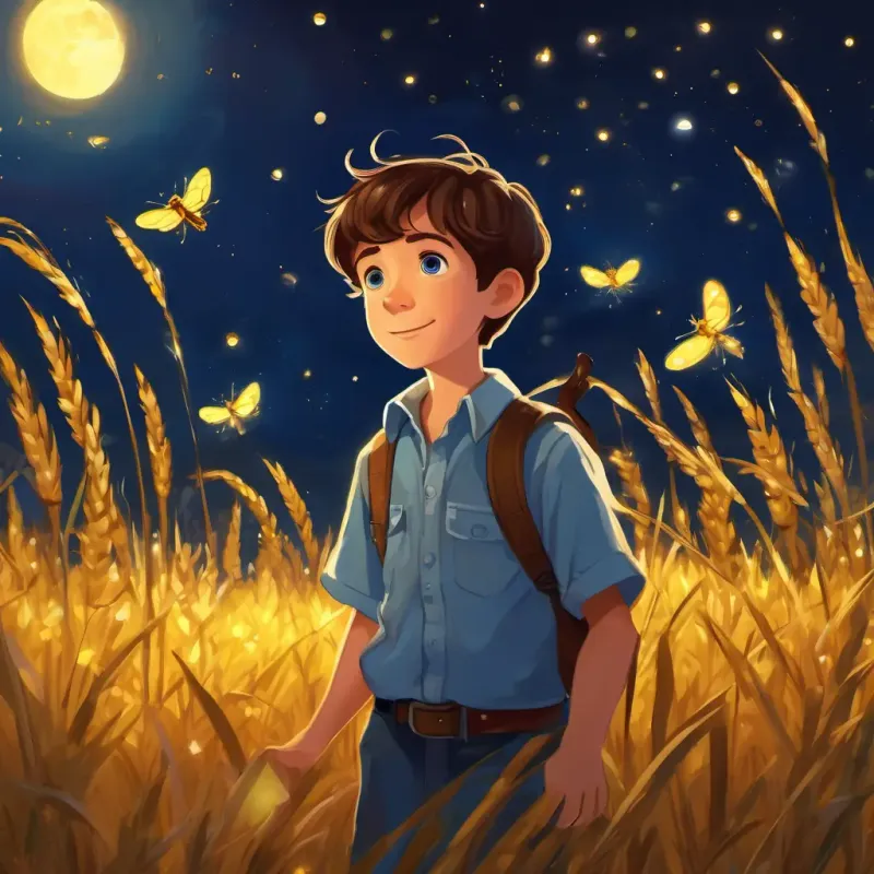 Charlie is a young boy with brown hair and blue eyes and Sparky is a firefly with a glowing light He has yellow wings and a tiny body walking through the cornfield, surrounded by fireflies and shadows of animals. The moon is still shining brightly.