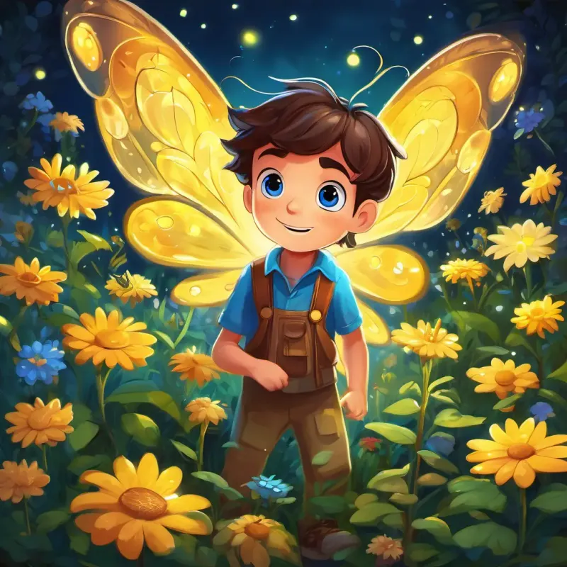 Charlie is a young boy with brown hair and blue eyes and Sparky is a firefly with a glowing light He has yellow wings and a tiny body standing in the hidden garden. Flowers of all colors are blooming, and cute animals are playing around them.