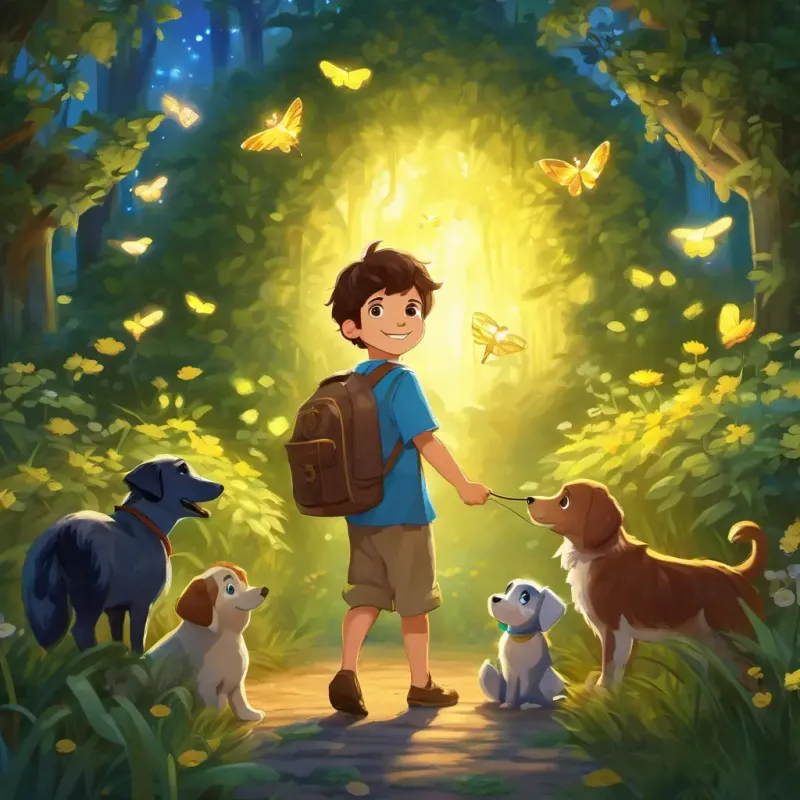 Charlie is a young boy with brown hair and blue eyes and Sparky is a firefly with a glowing light He has yellow wings and a tiny body playing with the animals in the hidden garden. They have big smiles on their faces, filled with joy.