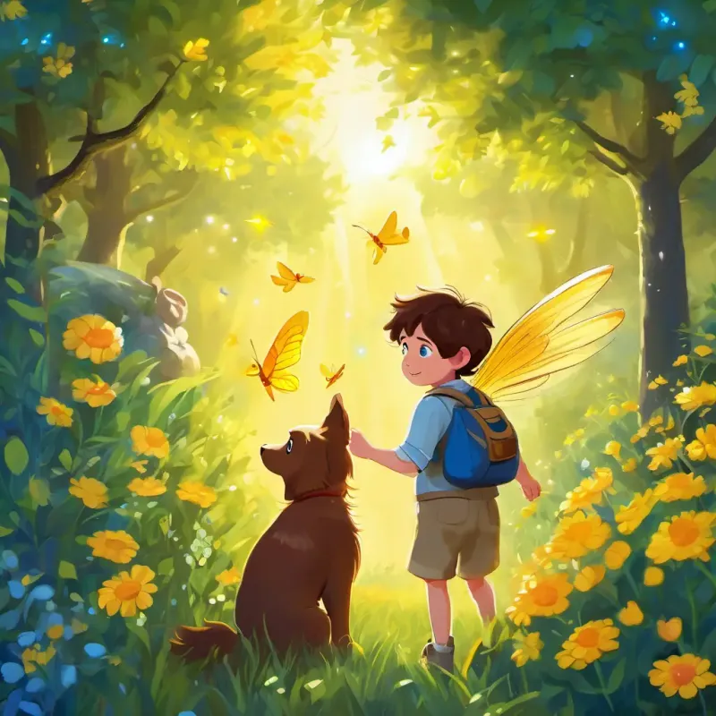 Charlie is a young boy with brown hair and blue eyes and Sparky is a firefly with a glowing light He has yellow wings and a tiny body waving goodbye to the animals in the hidden garden. The sun is shining, and a new day is beginning.
