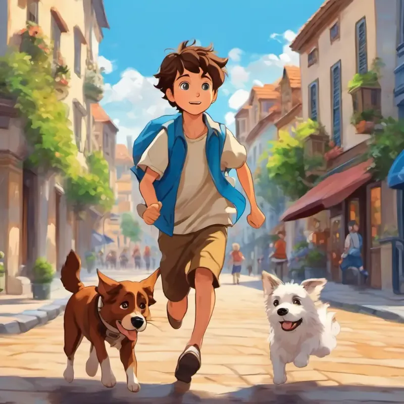 A picture of Alex is a boy with brown hair He has blue eyes and Miki is a brown-haired dog He has brown eyes running towards the town square.