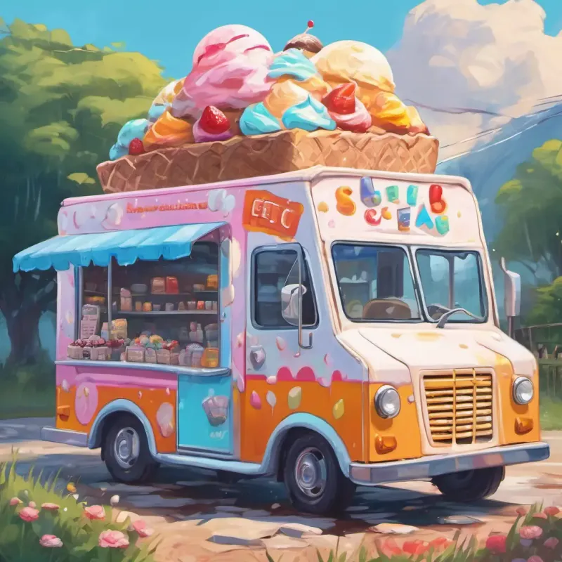 A picture of the broken ice cream truck and the sad ice cream man.