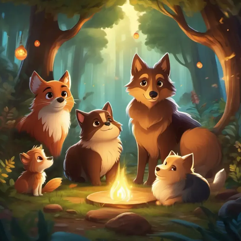 Fluffy brown fur, shining brown eyes, with a wagging tail and his friends in a magical forest setting, introducing the main character and setting.