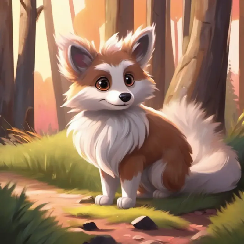 Fluffy brown fur, shining brown eyes, with a wagging tail, Soft white fur, long ears, and cute pink nose, and Furry grey coat, bushy tail, and mischievous eyes preparing for their adventure in the forest, building anticipation.